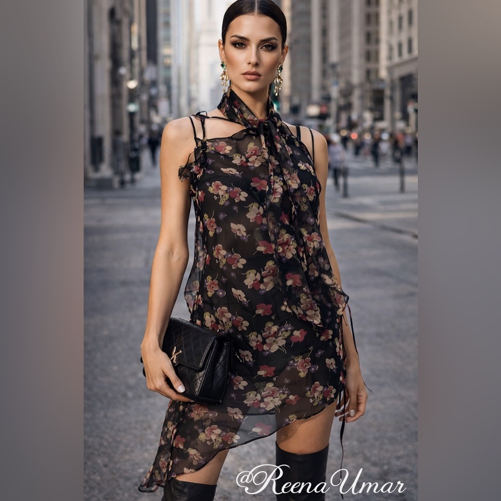 Karen Millen Black Sheer Floral Asymmetrical Silk Tunic